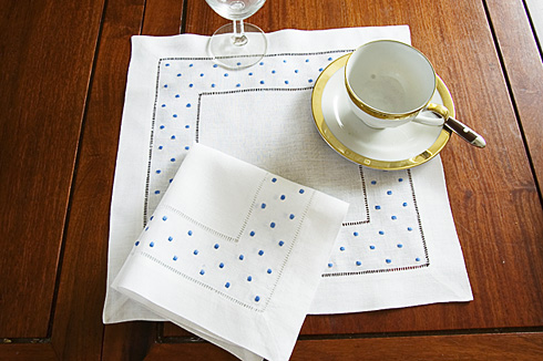 Square Linen Placemat. French Blue color Polka Dots.14"sq.
